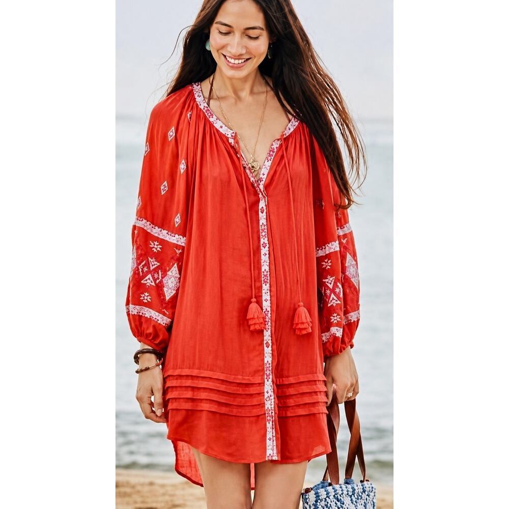 Sundance Embroidered Boho Tunic Dress Cover Up Red PL